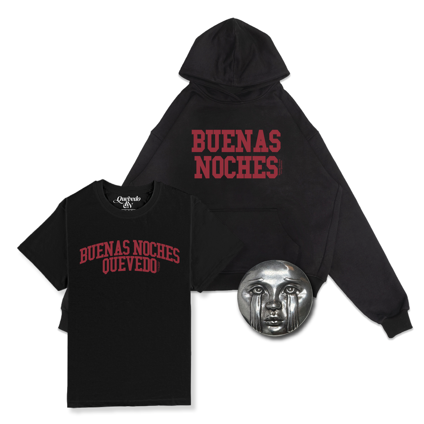 PACK BUENAS NOCHES - SUDADERA + CAMISETA NEGRA + PIN